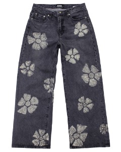 flower bleach wide denim pants (washed black)